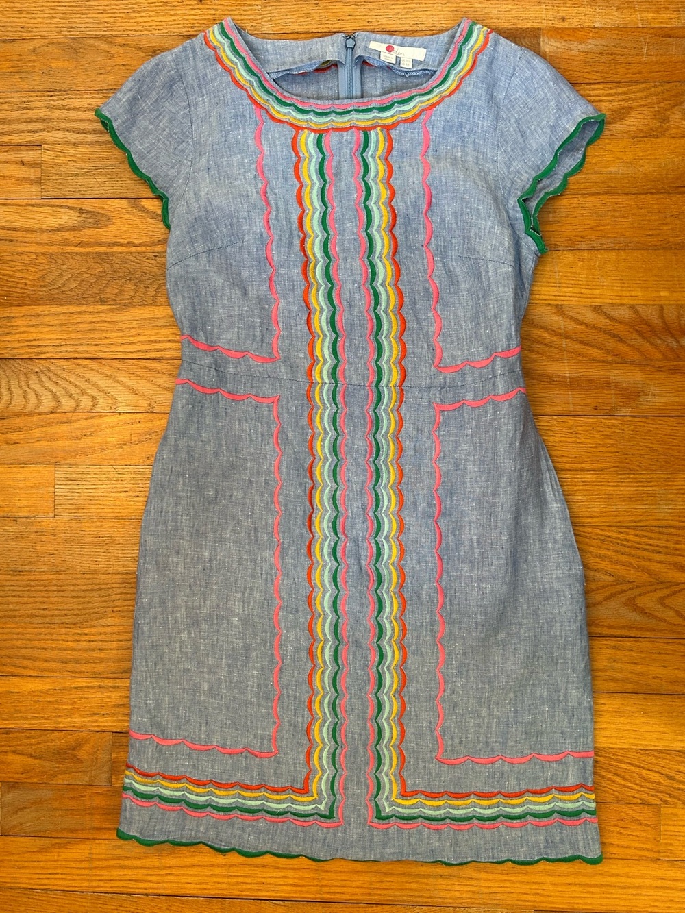 Boden Linen Dress Embroidered Chambray Dress Summer Mini Shift Dress 6